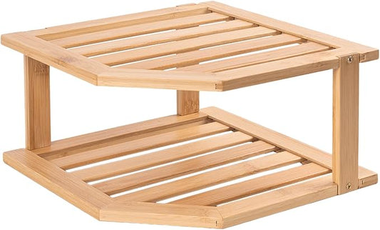 VERTORGAN Bamboo Corner Shelf,2 Tier Plate Organizer for Cabinet and Countertop,Pantry Dish and Spice Rack for Kitchen