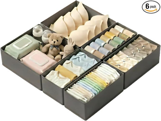 Drawer Organizer for Clothes & Underwear - 6-Pack Fabric Storage Bins with Zipper Bottom | Bra Drawer Organizer & Sock Organizer for Dresser - Foldable Baby Clothes Organizer Set, Grey