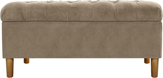 Homepop Home Decor | Tufted Ainsley Button Storage Ottoman Bench with Hinged Lid | Ottoman Bench with Storage for Living Room & Bedroom,Fawn Velvet