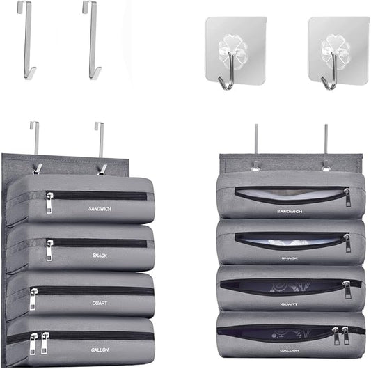 Zipper Bag Organizer Compatible with Gallon, Quart, Sandwich & Snack Food Storage Bag, Kitchen Plastic Bag Storage Organizer for Kitchen RV Camper (Grey)