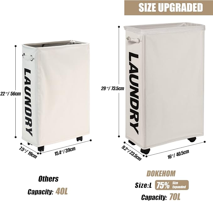 DOKEHOM 29-Inches Enlarged Slim Laundry Basket with Removable Wash Bag on Wheels, Collapsible Rolling Laundry Hamper, Foldable Narrow Corner Clothes Storage Bins (Beige)