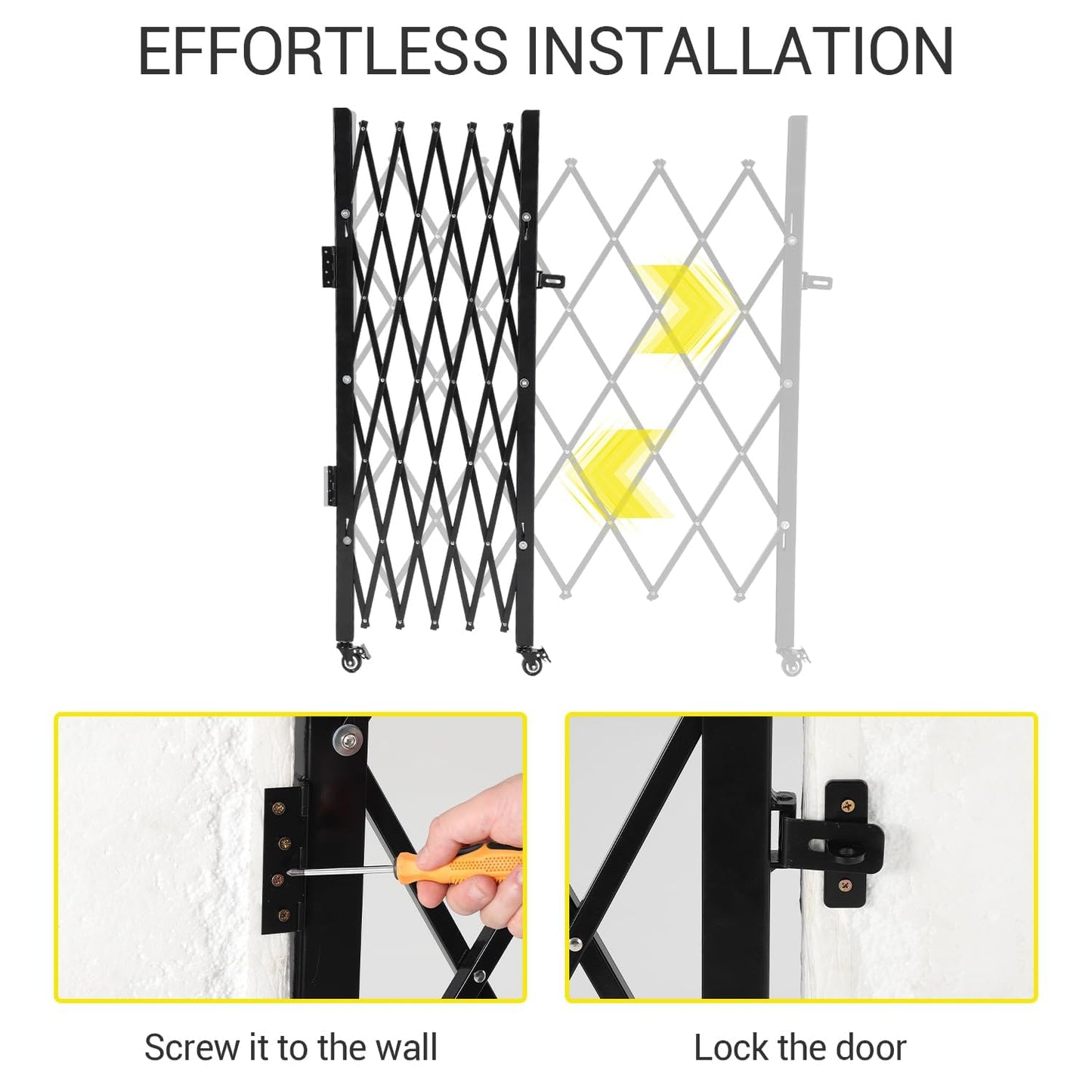 Single Folding Security Gate – 63.4" H × 70" W, Heavy-Duty Steel Scissor Gate with 360° Casters, Lockable Retractable Barricade for Courtyards, Garages, Pools & Gardens