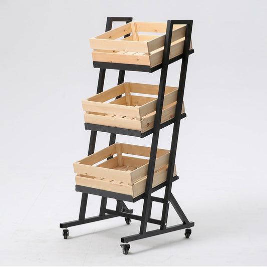 3-Tier Supermarket Snack Shelf Organizer Rack, Detachable Fruit Vegetable Storage Basket with Wheels, Retail Store Display Stand Free Standing for Kitchen Pantry(Wooden)