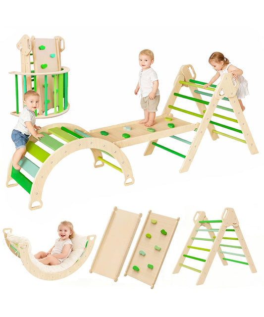 ZippyZebra Large pikler Triangle Set with Cushion，7 in 1 Foldable Baby Jungle Gym with Ramp & Arch，Wooden Montessori Toddler Climbing Toys Indoor for Toddlers 1-6 Year Old (Green)