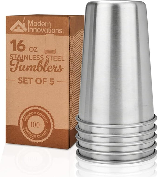 Modern Innovations 16 Ounce Stainless Steel Pint Cups - Stackable Pint Cup Tumblers For Travel – Metal Cups For Drinking Outdoors - 16 Oz Reusable Steel Cups - 5 Pack