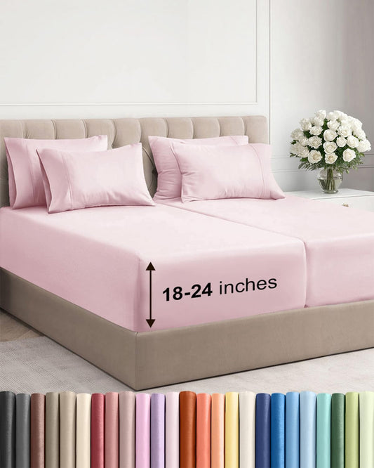 Skiennix Extra Deep Split King Sheet Set - 7 Piece Breathable Cooling Bedding - Soft Wrinkle-Free Lavender Pink