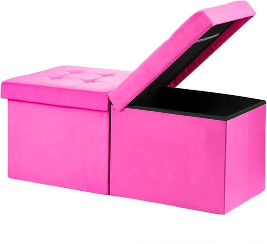 AmasSmile® Storage Ottoman Foot Rest Stool, 34 inch Velvet Footstool Bench, Short Ottoman Stool, Small Folding Storage Ottoman Store Books, Records, Rose
