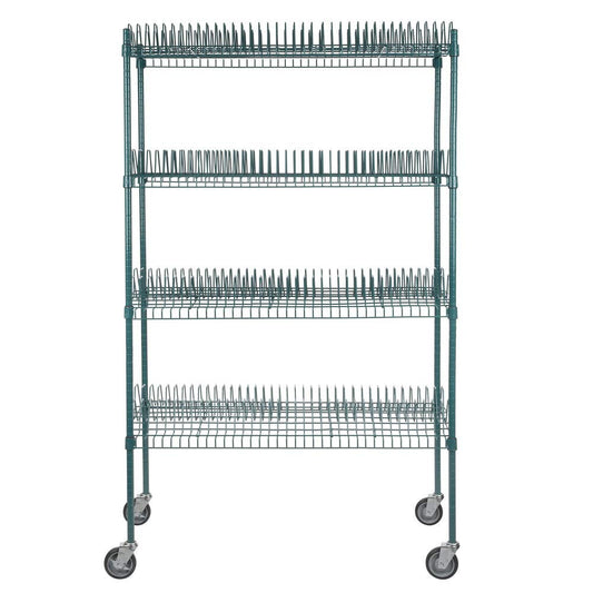 24" x 48" Green Epoxy Drying Rack 4-Shelf Kit with 64" Posts and Casters - 1 1/4" Slots. Perfect for Home , Garage, Indoor, Outdoor, Restaurant, School, Business, Bookshelf, Backyard, Office, Rack.