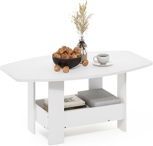 Furinno Simple Design Coffee Table, 2-Tier Modern Center Table with Lower Shelf, Round Corner Side Table, for Living Room, Bedroom, Home Office, White