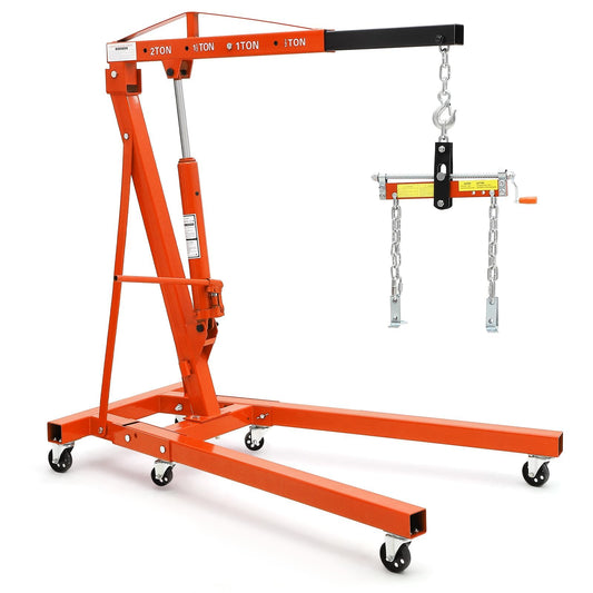 2 Ton Folding Hydraulic Engine Hoist with Load Leveler 4400 LBS Capacity Heavy Duty Cherry Picker 6 Swivel Wheels&Hydraulic Pump Adjustable Boom (0.5T-2T) for Garage Workshop Warehouse Orange