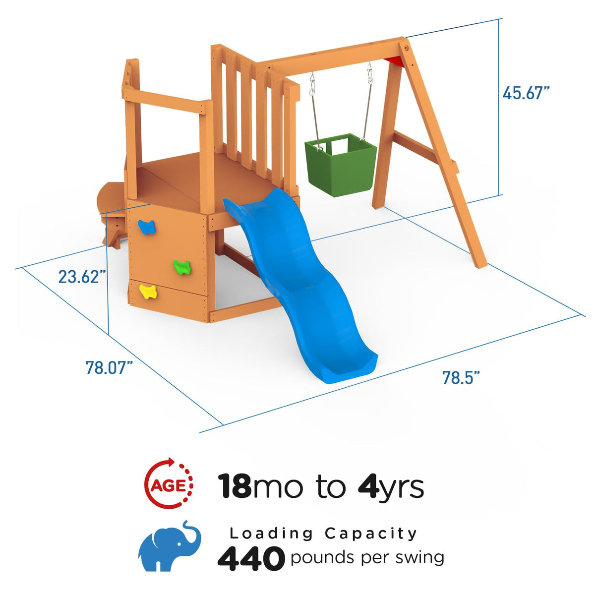 Dolphin Playground 5-in-1 Toddler Swing Sets with Slide for Backyard, Toddler Outdoor Playset with Baby Swing, Table, Blackboard, Kid Slide, Rock Climbing Wall, Ages 18 mo to 4 yrs