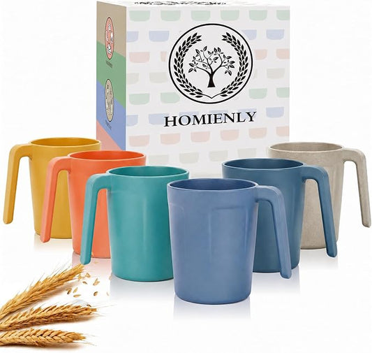 Homienly Wheat Straw Coffee Mugs, Alternative to Plastic Coffee Cups, Set of 6, Unbreakable Camping Coffee Mugs, 16 OZ Cups for Tea, Coffee, Milk, Dishwasher and Microwave Safe Kids Mug, Multi