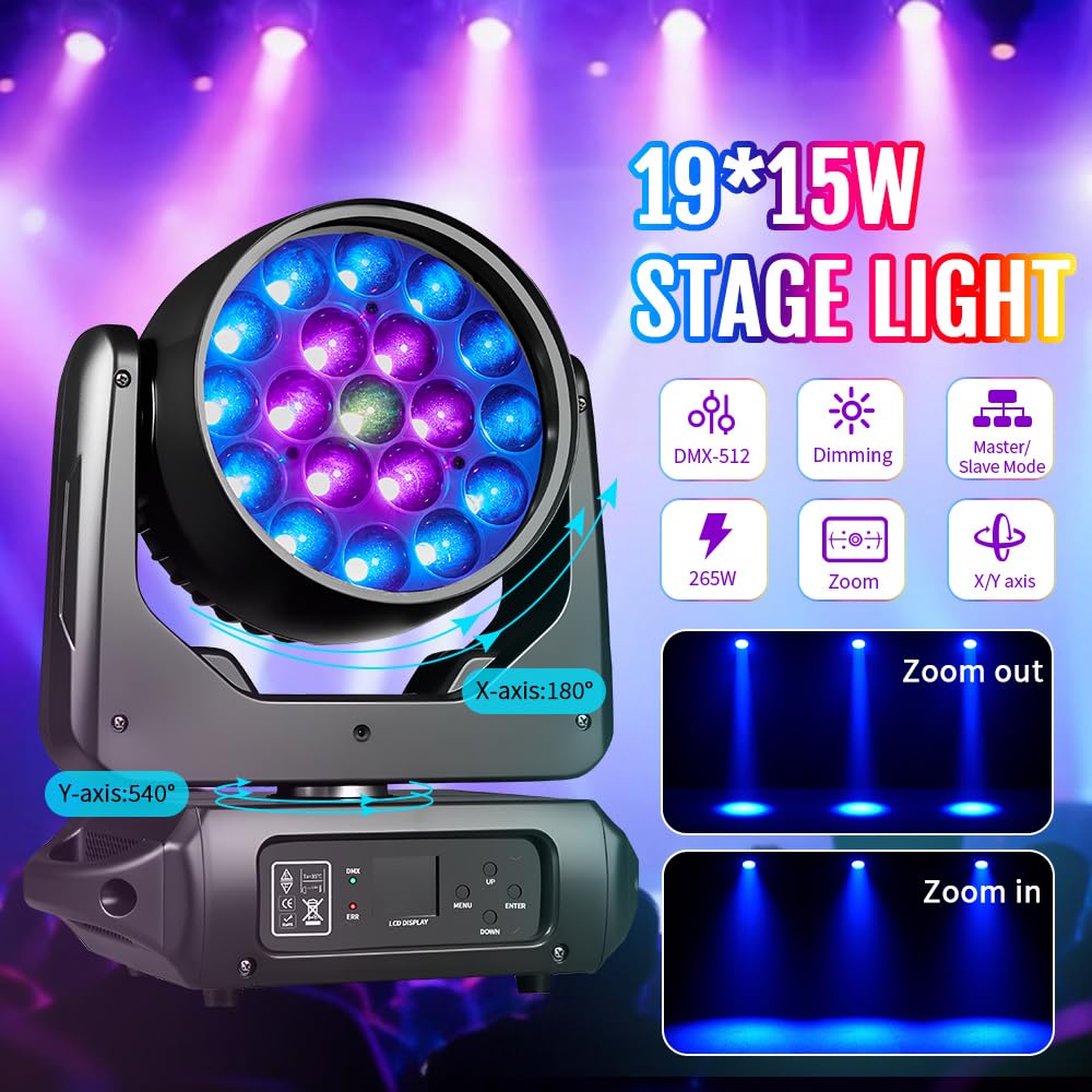 MINGJIE 19x15W Moving Head Stage Light,RGBW 4-in-1 LED Zoom Beam Wash Strobe Effect,DMX Sound Activated,540° Pan 270° Tilt,Professional DJ Lighting for Club Wedding Party Bar (Luces para)