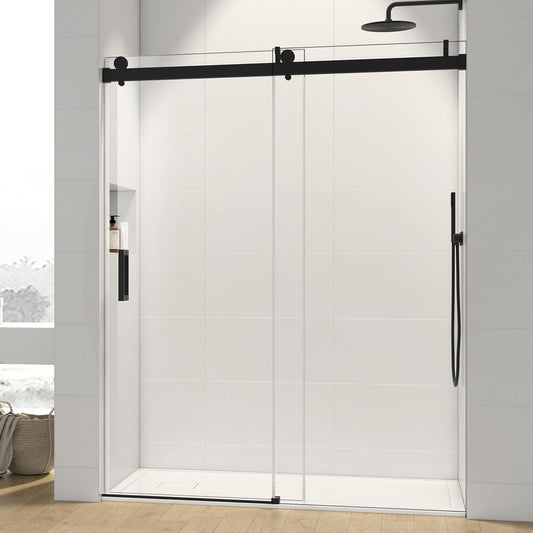 56-60" W x 76" H Frameless Sliding Shower Door, Single Sliding Glass Shower Door with Buffer 3/8"(10MM) Clear SGCC Tempered Glass, Explosion-Proof Film, Roller Disk System, Rust-Resistant.