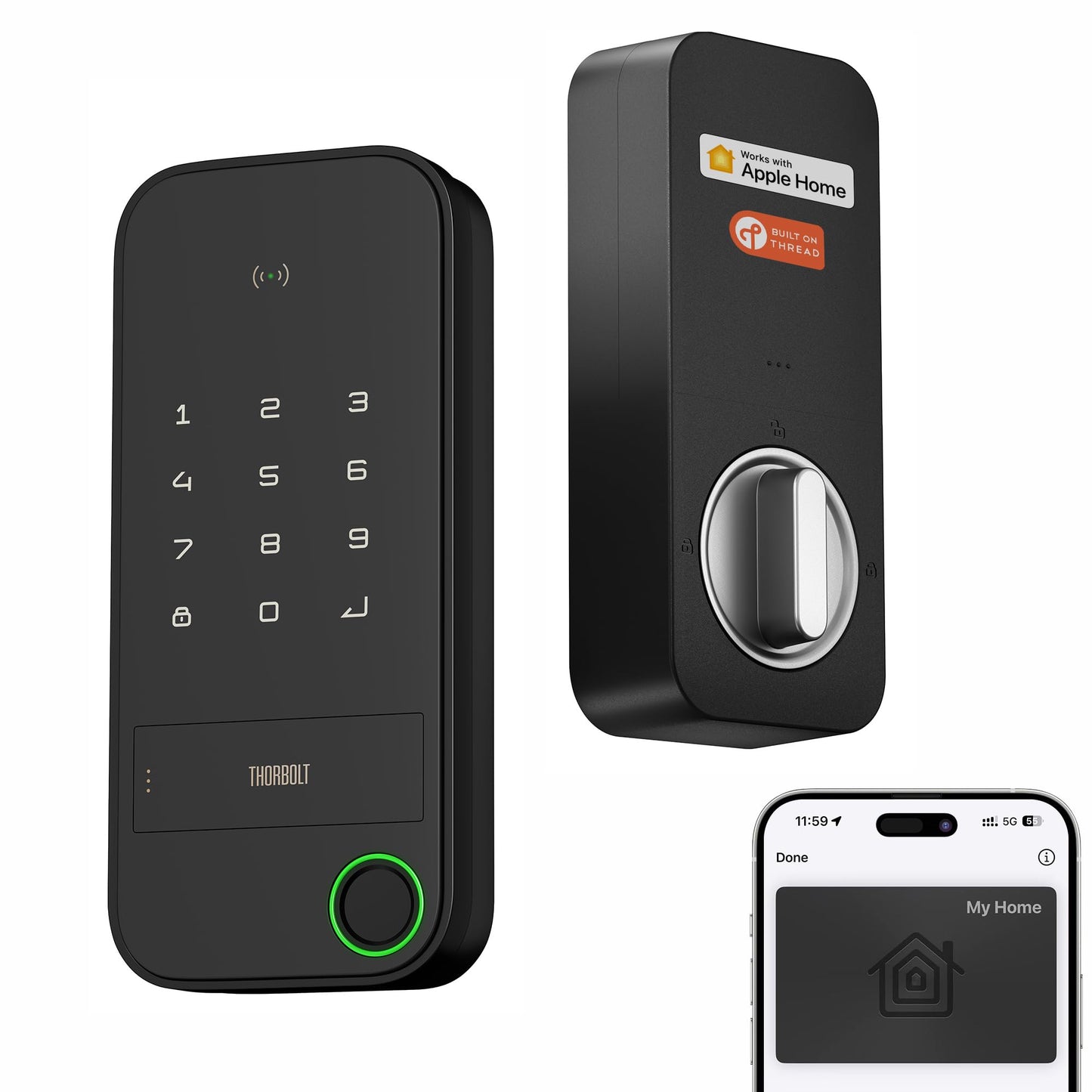 ThorBolt X1 Apple Home Key Lock, iOS ONLY Smart Keyless Entry HomeKit Door Lock with Fingerprint, Keypad Deadbolt Lock Works with HomeKit Over Thread (Border Router Required), IP65 Weatherproof, Black