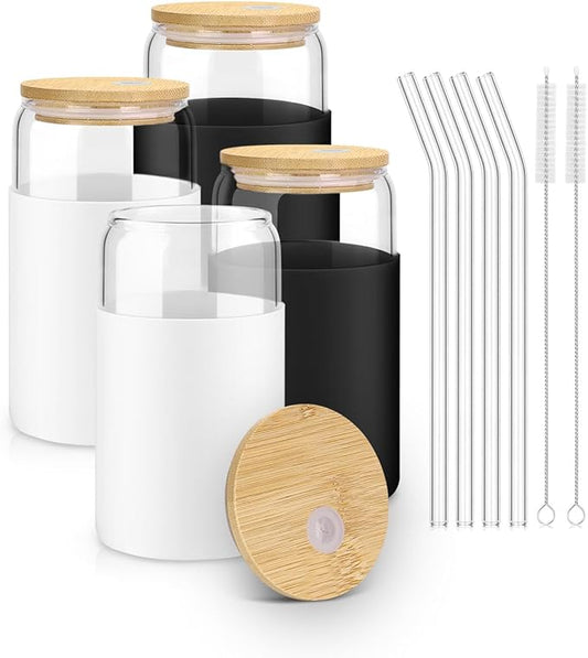 sungwoo Glass Cups with Lids and Straws, 4 Pack 16OZ Iced Coffee Cups with Silicone Sleeve, Glass Tumbler with Straw and Bamboo Lid, Home Essential Drinking Set for Juice, Cocktail and Tea Black&White