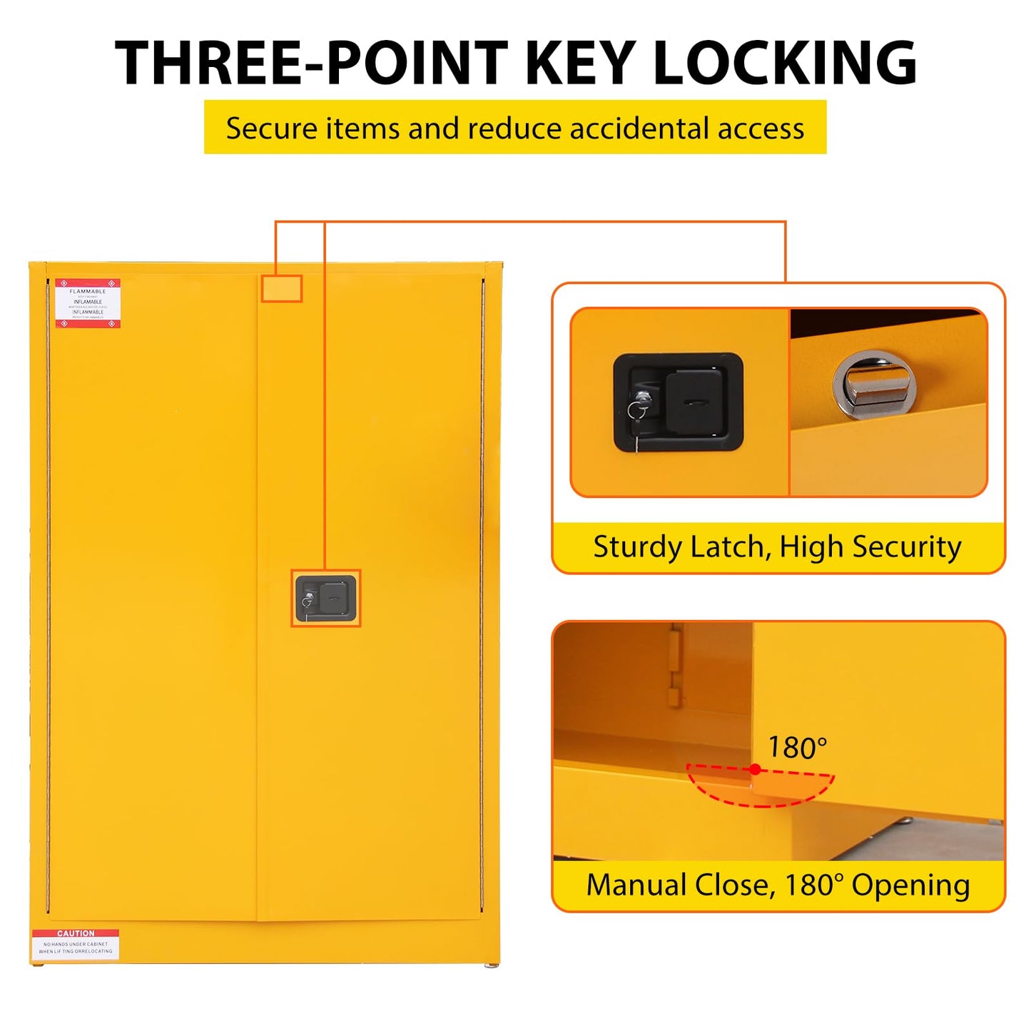 GarveeTech 45 Gallon Flammable Cabinet, 43" x 18" x 65" Galvanized Steel Safety Cabinet Fireproof Chemical Storage Cabinet with Double-Wall Steel, Lockable Manual-Close Doors for Lab Garage - Yellow
