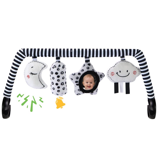 TinlyFinly Baby Bouncer Toy Bar Soft with 4 Hanging Sensory Toys Attachment, Compatible with Baby Bjorn Bouncer, with Mirror, Rattle, Crinkle Sound for Babies All Ages (Black and White Shapes)