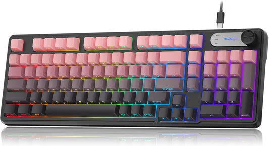 BlueFinger 98 RGB Gaming Keyboard, Keys USB Wired Keyboard with Rainbow Backlit, Volume Knob & Screen, Quiet Typing