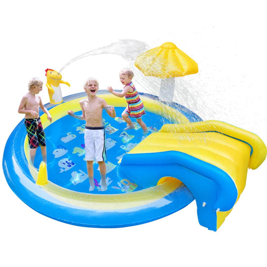 Dinosaur Inflatable Play Center, Kids Round Wading Swimming Pool with Slide, Dinosaur Sprinkle, Mushroom Shade for Kids Children Summer Outdoor Splish Splash, Garden Backyard Water Park, 87"x75"x31.5"