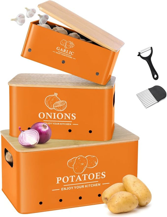 Kitchen Vegetable Storage Set of 3, Metal Onion Garlic Potato Storage Set, Kitchen Canisters Vegetable Keeper Containers with Aerating Holes and Bamboo Lid,Orange