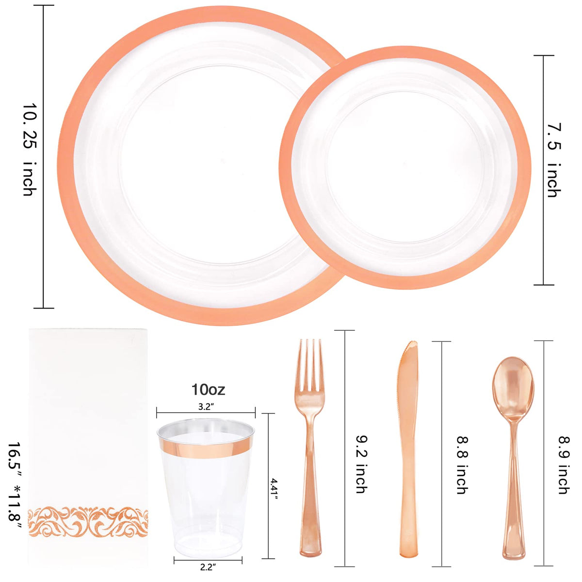 YOUBET 175PCS Rose Gold Plastic Plates - Clear Plastic Plates Disposable with Rose Gold Rim includes 50 Plates, 25Forks, 25Knives, 25Spoons, 25Cups, 25Napkins for Party & Wedding