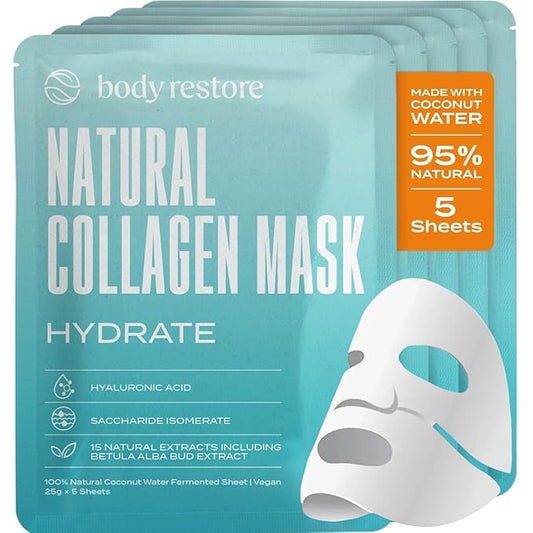 Body Restore Natural Collagen Face Mask 5 Pack ??Korean Skin Care Mask with Fermented Coconut Water, Christmas Stocking Stuffers, White Elephant, Birthday Gifts for Women & Men, Dry Skin - Hydrate