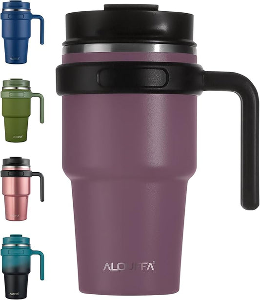 20 oz Insulated Coffee Mug Tumbler with Handle, Stainless Steel Travel Mug Tumbler with Lid and Straw, Double Wall Vacuum Leak Proof Ice Coffee Thermal Cup, Plum
