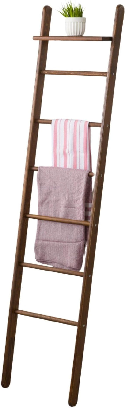 Solid Pine Wood Blanket Ladder for Living Room Bathroom Organizer Shelves, 7-Tier 5-Tier Freestanding Shelf, Freestanding Towel Rack Extra Storage, Wall-Leaning (Walnut, Large)