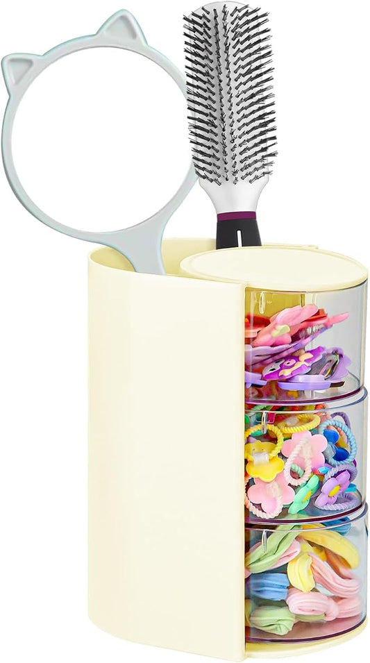 Hair Accessories Organizer with Hair Brush Holder, Rotatable Makeup Brush and Jewelry Storage Box for Hair Clips, Earrings, Necklaces, Bracelets, Rings, and Daily Accessories (Off White,3-Layer)