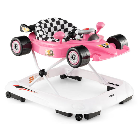 INFANS Foldable Baby Walker, 3 in 1 Toddler Activity Center Leaning-Seated Walk-Behind with Steering Wheel, Adjustable Height, Lights, Music, Washable Seat Cushion (Pink)