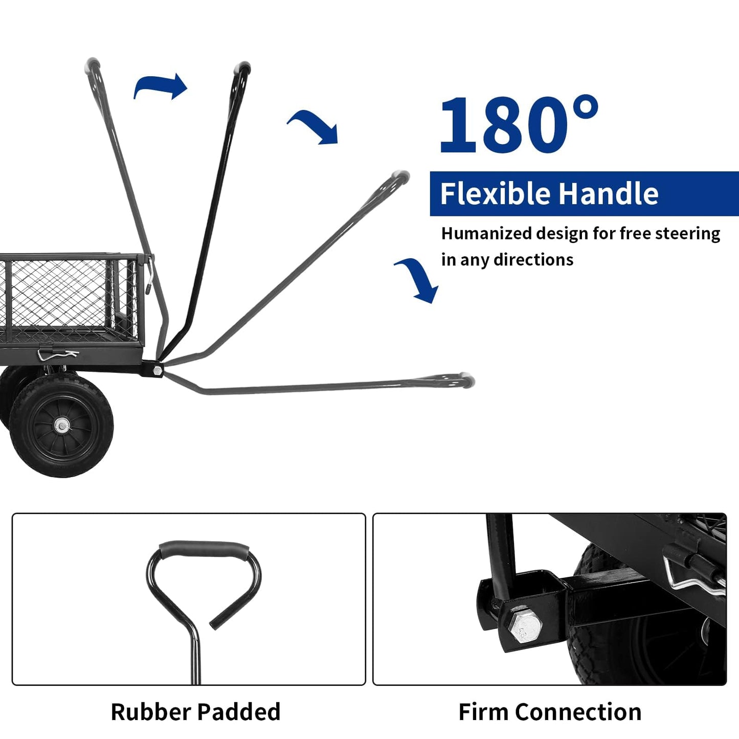 BILT HARD 880 lbs 10" Tires Steel Garden Cart with 180° Rotating Handle and Removable Sides, Heavy Duty 4 Cu.Ft Capacity Utility Garden Carts and Wagons, Black
