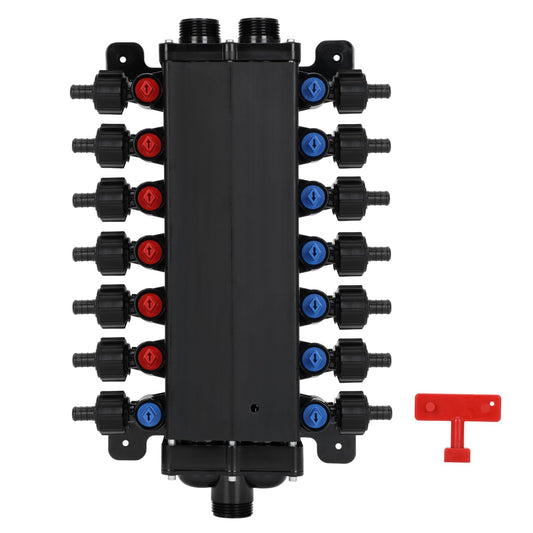 50143 Pex Manifold Compatible with Viega Manabloc, Homerun Distribution Pex Manifold with Valves, 1/2-Inch Zero Lead Poly Alloy PEX Crimp With 14 Ports Adapters(8 Cold, 6 Hot),Suitable for crimping