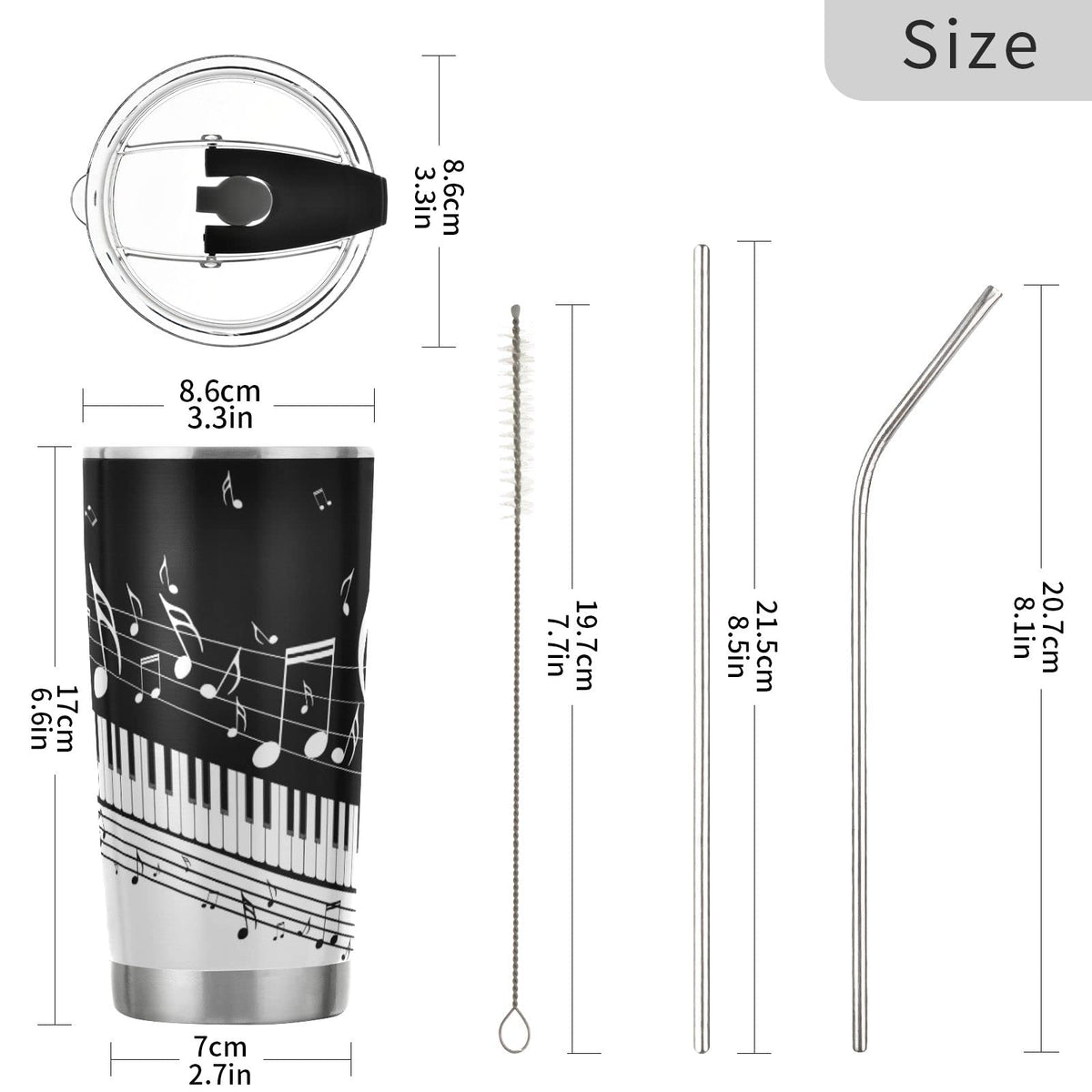 Selerdon 20 oz Piano Keys Music Note Insulated Tumbler Coffee Mug Double Wall Vacuum Travel Mug with Straw and Lid Stainless Steel