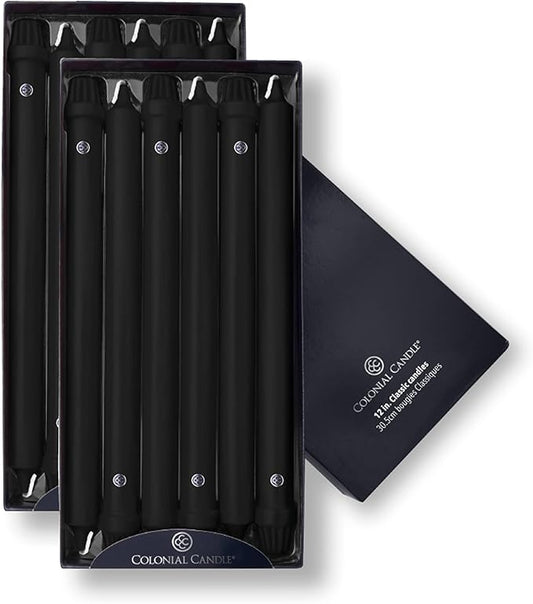 Colonial Candle Unscented Taper Candle, Classic Collection, Black, 12 in, Pack of 12 - Up to 10 Hours Burn