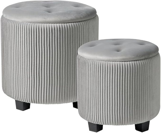 BLEXA Big Round Ottoman with Storage Set of 2,Upholstered Velvet Vanity Stool for Makeup Multifunctional Foot Rest Coffee Table Padded Seat Tufted Ottomans for LivingRoom&Bedroom (Large Grey)