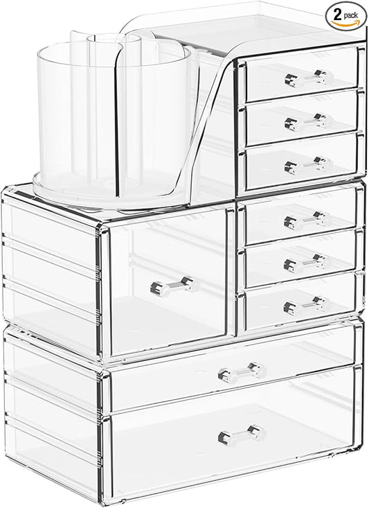 SuoXing 3 Pack Clear Acrylic Makeup Organizer for Vanity With 9 Drawer, Skincare Organizers Countertop With Make up Brush Holder,Bathroom Make up Drawer Storage for Beauty,Hair Accessories Organizer | Cute