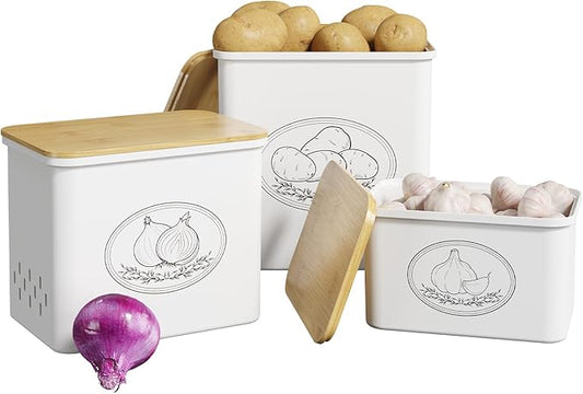 Lifewit Plastic Potato and Onion Storage Bin, Stackable Garlic Keeper with Aerating Holes and Lid, Vegetable Container Box for Pantry Countertop, White, 24 x 18 x 24 cm/9.5 x 7 x 9.5 inch, Set of 3