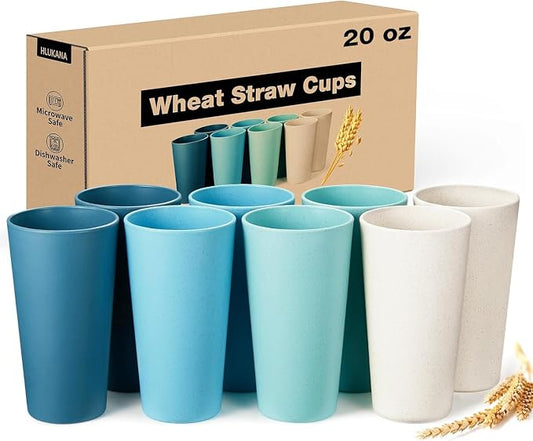 Hlukana Wheat Straw Cups Set of 8, 20 oz Unbreakable Drinking, Chip Resistant, Reusable Water Set, Large for Kitchen, Camping, BPA Free Cups, Dishwasher & Microwave Safe Tumbler