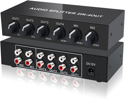 2 4 in Out RCA L/R Audio Splitter Stereo Line Level Distributor Mixer with Independent Volume Control for Home Theater
