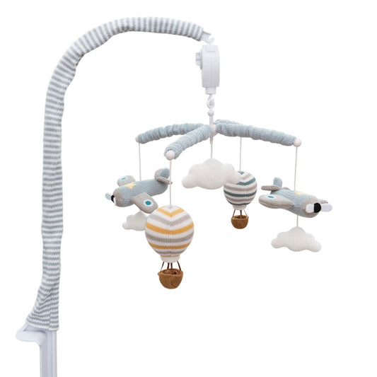 Baby Crib Mobile for Boys - Up Up and Away - Premiun Musical Nursery Decor, Sky Hot Air Balloon, Clouds & Planes, Calming Music Soother with 12 Lullabies - Essential & Perfect Gift by Living Textiles