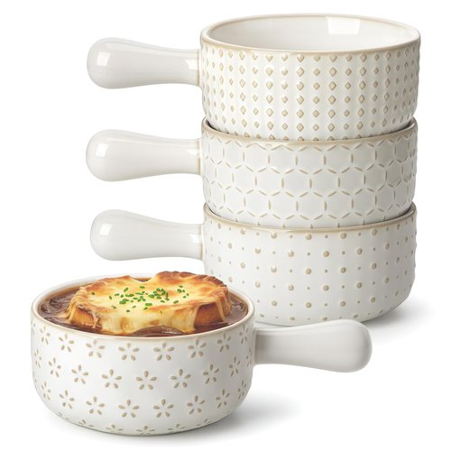 MALACASA French Onion Soup Bowls with Handles - 20 oz Oven Safe Bowls Soup Crocks for Chilli, Beef Stew, Cereal & Pasta - 5 Inch, Set of 4, Series LYDIA