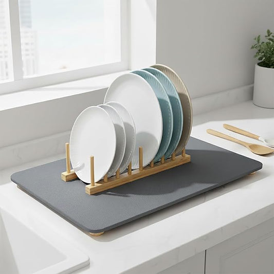 Stone Drying Mat for Kitchen Counter with 5 Wooden Feet &Bamboo Rack | 19.7"×15.7" Diatomaceous Earth Dish Drying Mat, Elevated Drying Stone Mat for Modern Kitchen Countertop