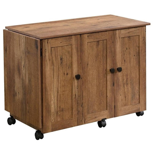 BOWERY HILL Contemporary Engineered Wood Sewing Craft Table with 2 Doors, 2 Storage Bins, Hidden Shelf, 2 Adjustable Shelves, Easy-Roll Casters, in Vintage Oak Finish