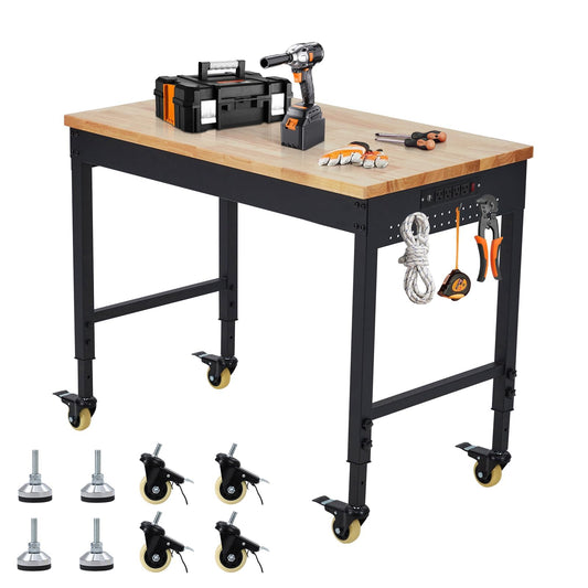 48"x24"x1.2" Heavy Duty Adjustable Workbench with Rubber Wood Top, 9 ft Power Strip, 2000 LBS Load, Lockable Wheels, ETL Certified, Black Garage & Workshop Table