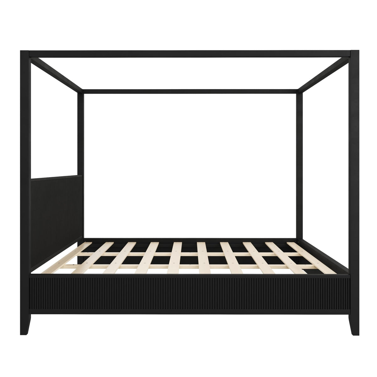 Merax Modern Luxury King Size Wooden Canopy Bed Frame with Headboard, Slats Support, Wood 4 Poster Bed Frame, No Box Spring Needed, Contemporary Bedroom Furniture, Black