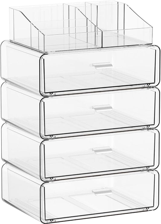 Yieach 5 Tier Clear Acrylic Makeup Organizers with Drawers,Tiered Countertop Make up Storage Organizer for Dresser Top and Bathroom Vanity,Plastic Makeup Stand for Brush,Skincare,Beauty Organizers