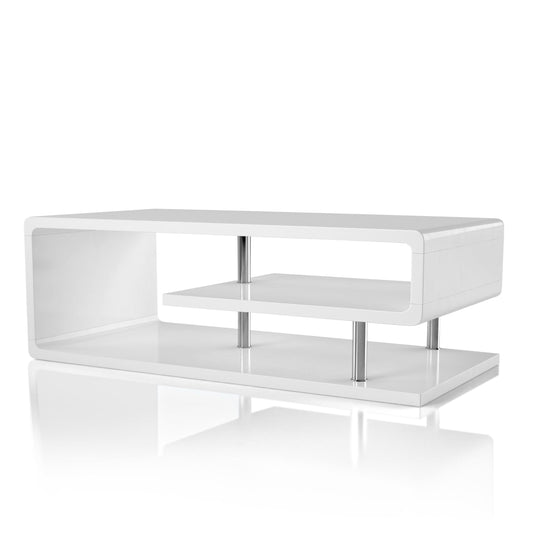 24/7 Shop At Home Vannie 47” Modern Rectangle Coffee Table, Contemporary Furniture, G-Shaped Open Shelf Storage For Living Room, Home Office, Bedroom, Gloss Coating, Round Edge, White