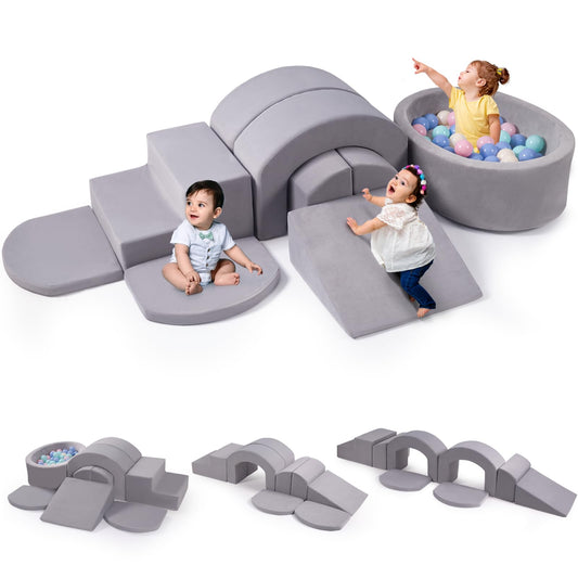 Rinnebbit 9-Piece Foam Climbing Blocks for Toddlers, Baby Climb and Crawl Soft Play Set with Ball Pit, Machine Washable Cover, Indoor Activity Play Structure, Climbing Toys for Toddlers 1-3 (Gray)