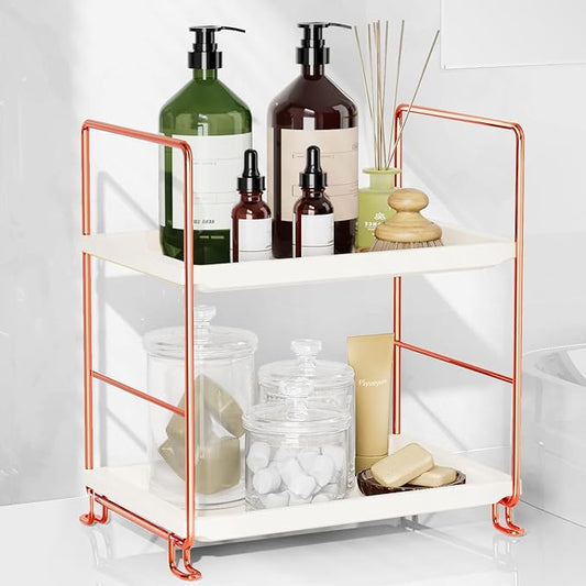 FSyueyun 2-Tier Bathroom Countertop Organizer, Tool-Less Installation Premium Plastics Makeup Shelf Organizer Perfume Skincare for Dresser Vanity Tray Organizers and Storage (Rose Gold)